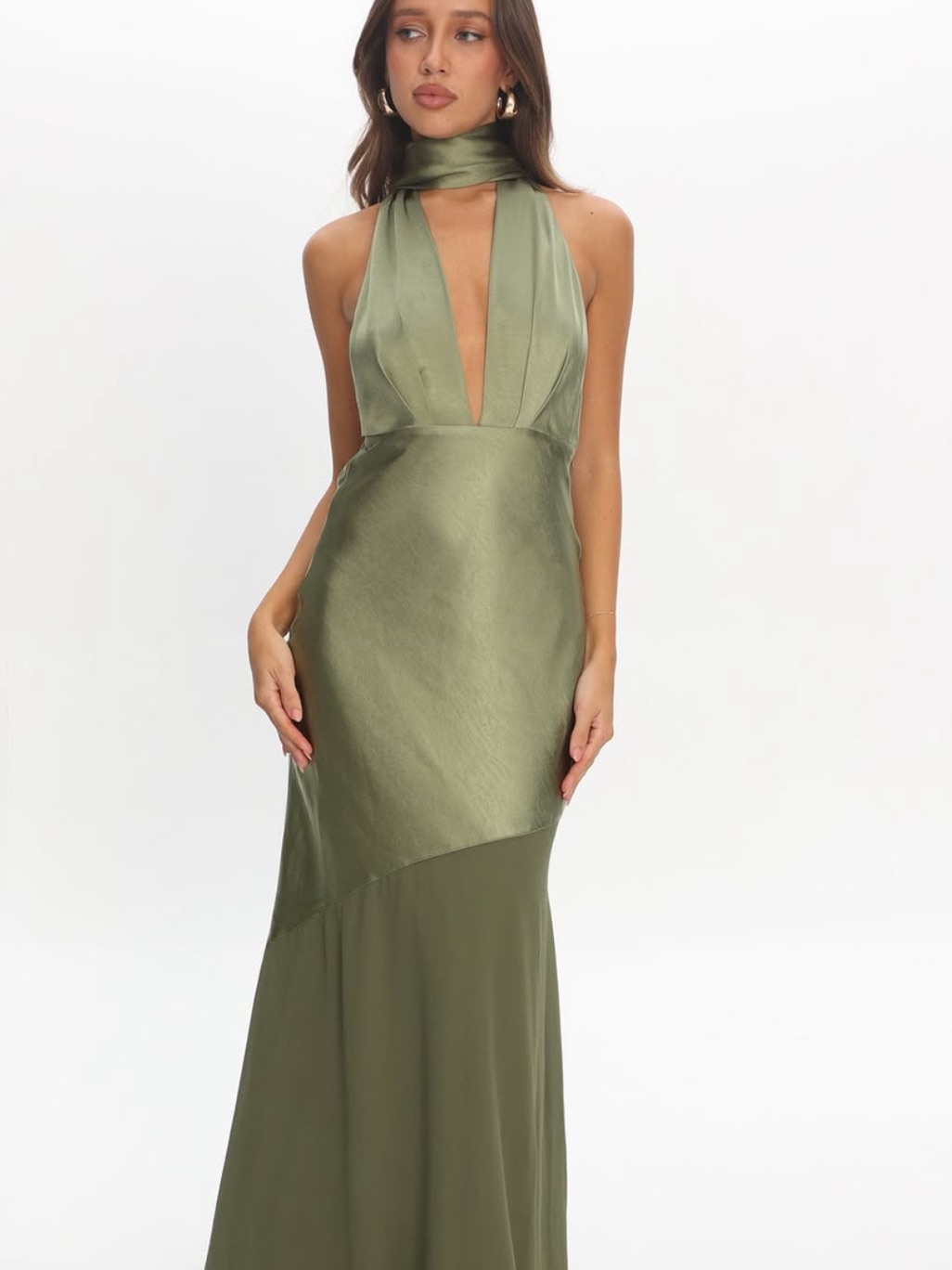 Selfie Leslie Italia Azure Halterneck Sheer Hem Maxi Dress Olive